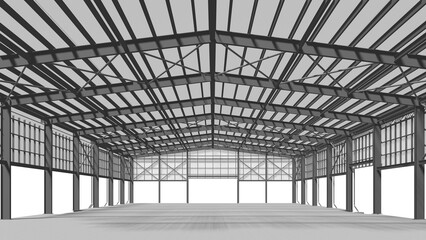 3D illustration of industrial building in transparent