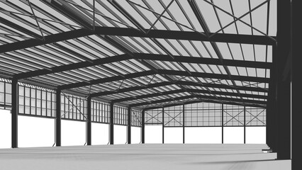 3D illustration of industrial building in transparent