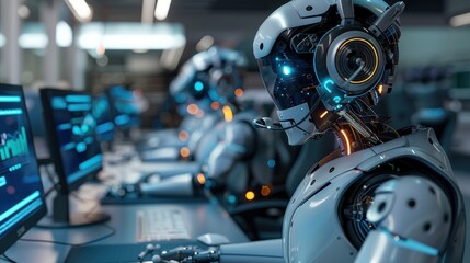 A robot in a brightly lit call center environment, answering calls and typing on a computer, surrounded by a high-tech, modern office setup.