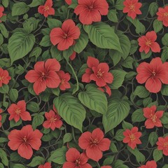 A vibrant illustration featuring a dense pattern of red hibiscus flowers intertwined with lush green leaves against a dark background.