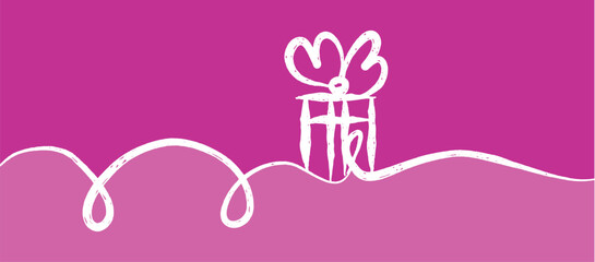 Continuous drawing of a gift box with a bow on a pink background