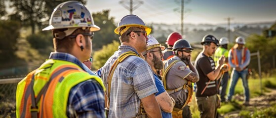 Group of male construction workers show unity at the construction site