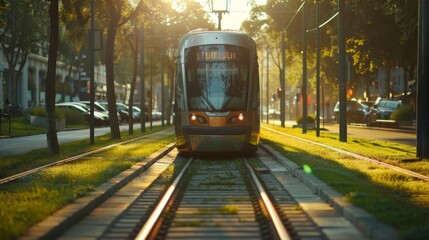 Obraz premium A modern tram traveling through a green urban area. Wide-angle shot, golden hour lighting with warm tones, space at the top for text
