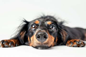 Dachshund with black and brown coat, lying on its back with a cute expression