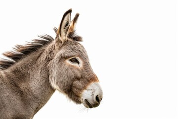 Fototapeta premium Donkey with gray coat, looking in profile, isolated on a white background, minimalistic composition