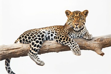 Leopard lying on a branch, looking directly at the camera, isolated on a white background, minimalistic composition