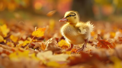 A playful baby duckling, yellow feathers ruffled, hopping excitedly across a carpet of autumn leaves, with vibrant fall foliage in the background