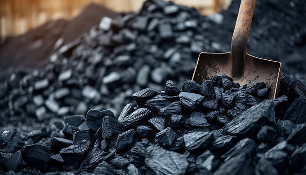 A shovel digging into a pile of coal