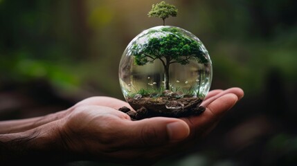 Earth crystal glass globe ball and growing tree in human hand. The concept of Environmental day. Earth day. Eco Earth Day concept