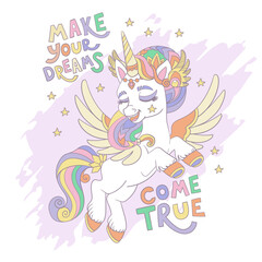 Greeting card with cute reading unicorn and lettering vector