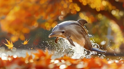 A playful baby dolphin calf, sleek and gray, leaping into a pile of autumn leaves under a canopy of vibrant fall colors