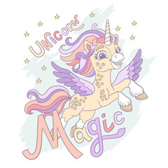 Greeting card with cute cartoon unicorn and lettering vector