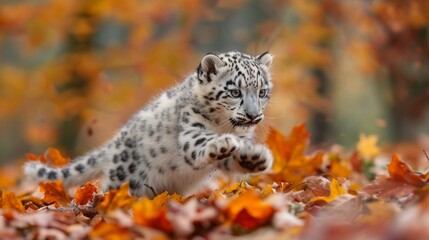 A fluffy baby snow leopard cub, spotted fur blending with the autumn leaves, playfully jumping amidst fall colors