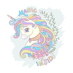 Greeting card with cute cartoon unicorn head and lettering vector