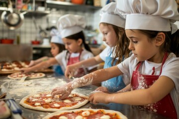 Group of children making pizzas in a kitchen together, fun cooking activity concept
