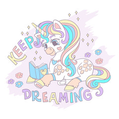 Greeting card with cute reading unicorn and lettering vector