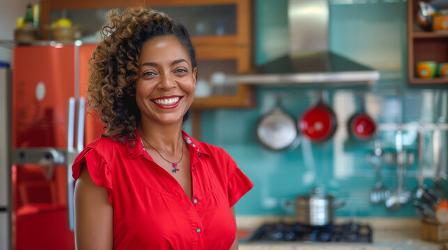 portrait of a latina housewife standing at her home kitchen, natural light background, woman, smiling red clothes, ideal usage for social media or consumer concepts, cozinha brasileira, dona de casa, 