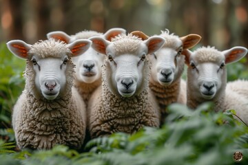 Fototapeta premium A Group of Sheep Looking Directly at the Camera in a Forest Setting