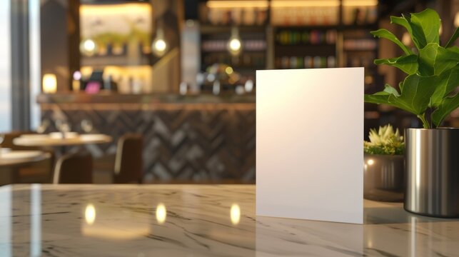Minimalist white menu card on a sleek reception counter in an elegant restaurant with cozy, soft lighting and blurred background