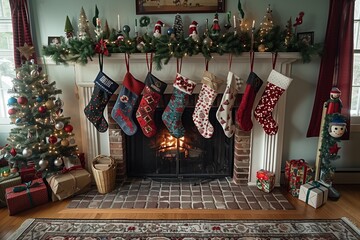 Fototapeta premium Holiday Stockings Display in Festive Family Home