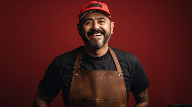 portrait of a man wearing apron, black shirt, red cap, standing in front of a red background, smiling, confident