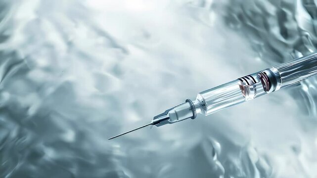 Syringe with needle on reflective metallic surface, close-up