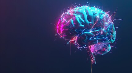 Futuristic digital human brain with neon lights, showcasing neural networks and advanced technology.