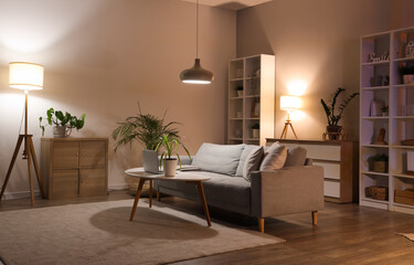 Sofa, shelving unit, houseplants and glowing lamps in interior of living room
