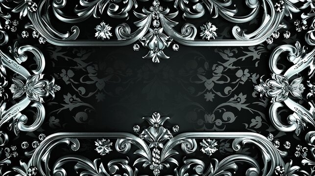 Glamorous Hollywood Regency Background with Black and Silver Patterns and a Sparkling Crystal Frame