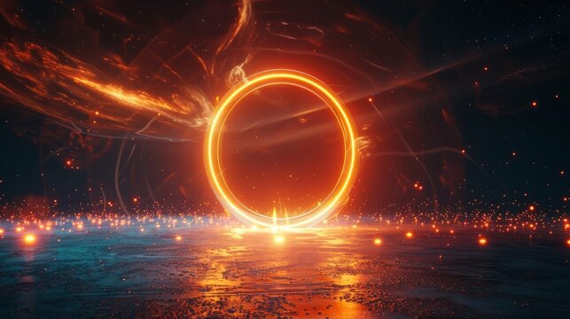 3d render, abstract futuristic background, neon light, glowing ring, circle, blank round frame, copy space, cosmos. - Powered by Adobe