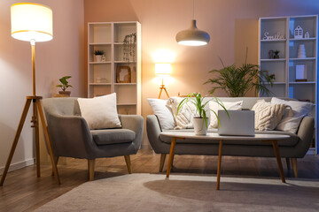 Sofa, armchair, houseplants and glowing lamps in interior of living room