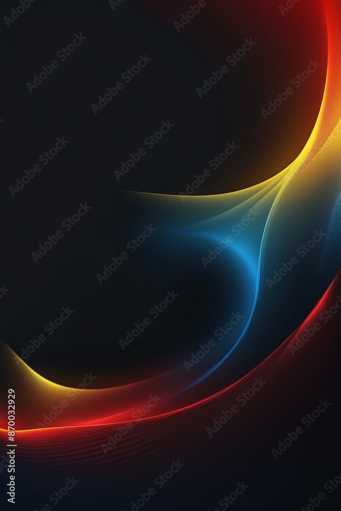 Wall mural Mysterious textured gradient background with dynamic neon color wave against black, abstract red yellow blue poster cover with space for text.