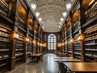 A large and luxurious library with tables and chairs with a large fireplace in the center