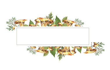 Fototapeta premium Autumn fall frame template with mushrooms, chanterelle, acorns and leaves. Autumn watercolor banner isolated white background cartoon style.