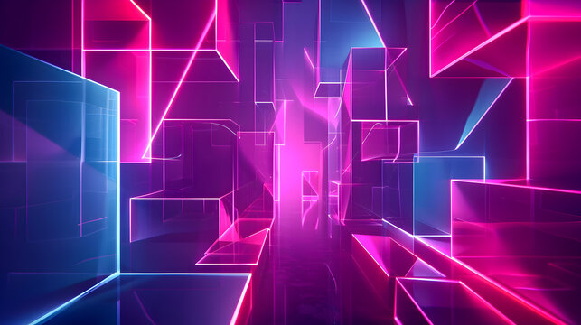 Mesmerizing neon light minimalist background with abstract geometric shapes decagonal motifs and angular fragments in incandescent digital Architectural abstraction with vivid luminous