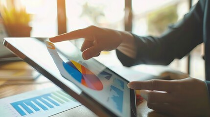 Business person analyzing data on a digital tablet with charts and graphs, demonstrating modern technology and data-driven decision making.