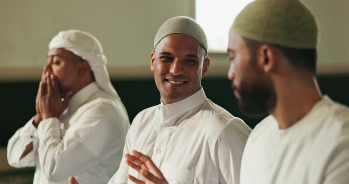 Islamic, happy people or group prayer in Mosque for peace, support or gratitude to Allah in holy temple. Finish, shaking hands and Muslim men worship God on Ramadan Kareem in Saudi Arabia together