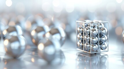 Abstract 3D background. 3D cube made of spheres against light grey background with shallow depth of field and copy space