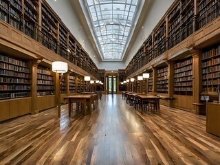 Fototapeta premium A large and luxurious library with tables and chairs with a large fireplace in the center