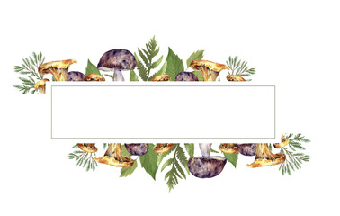 Spring fall frame with mushrooms, chanterelle, cep, acorns and leaves. Autumn watercolor border template frame with copy space isolated white background cartoon style.
