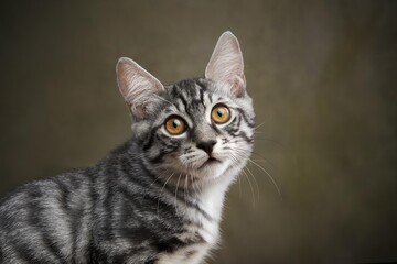 The fine details of a young tabby kittens face are highlighted in this close-up, with its sharp gaze and elegant stripes set against a subdued studio backdrop
