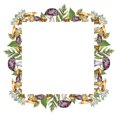 Fototapeta premium Spring fall frame with mushrooms, chanterelle, cep, acorns and leaves. Autumn watercolor border template frame with copy space isolated white background cartoon style.