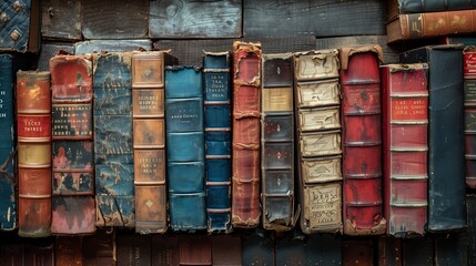 Row of Vintage Leather-Bound Books on a Wooden Shelf