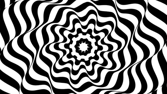 rounded decagonal star or flower like shape monochrome BW psychedelic rotation optical illusion. Abstract hypnotic animated background. Spiral geometric looping monochrome wallpaper. dynamic mathemati