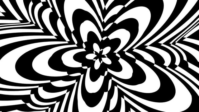 rounded distorted decagonal star or flower like shape monochrome BW psychedelic rotation optical illusion. Abstract hypnotic animated background. Spiral geometric looping monochrome wallpaper. dynamic