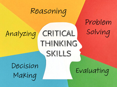 Critical thinking skills - reasoning, problem solving, evaluating, decision making, analyzing on colorful background. Stock photo.