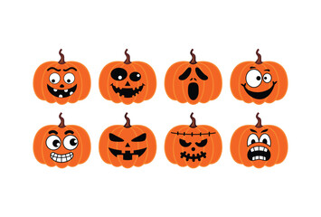 Eight orange pumpkins with various Halloween faces.
