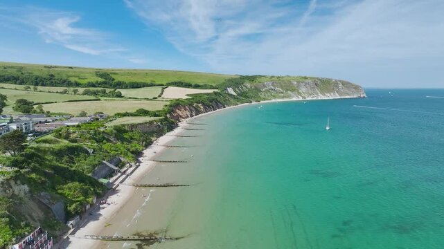 Swanage Bay and Ballard Cliff from a drone, Jurassic Coast, Dorset Coast, Poole, England