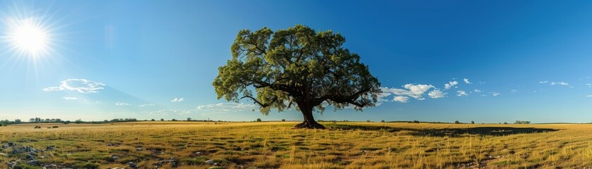 Fototapeta premium A lone tree stands tall in a field of golden wheat under a clear blue sky.
