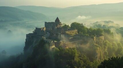 Fototapeta premium A majestic castle perched atop a misty mountain, shrouded in a veil of fog, with the sun peeking through the clouds.